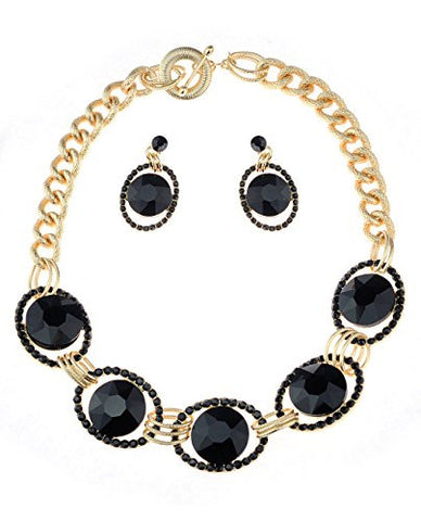 Encircled Round Cut Jet Black Stone Necklace and Earrings Jewelry Set in Gold-Tone