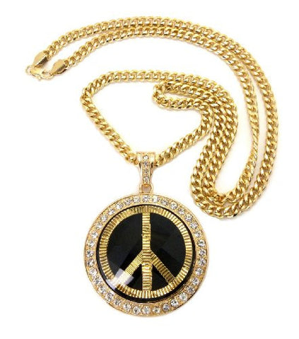 Peace Sign Pave Faceted Stone Pendant in Gold Tone w/ 36" Cuban Chain CP44G