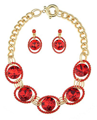 Encircled Round Cut Red Stone Necklace and Earrings Jewelry Set in Gold-Tone