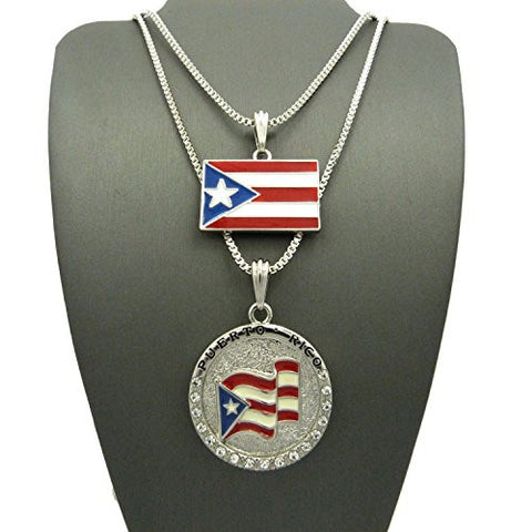 Puerto Rico Flag & Stone Studded Round Pendant Set with 24" 30" Box Chain in Silver-Tone