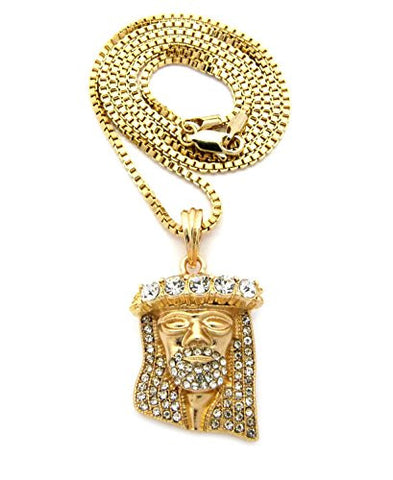 Stone Crown Pave Jesus Pendant 2mm 30" Box Chain Necklace in Gold-Tone