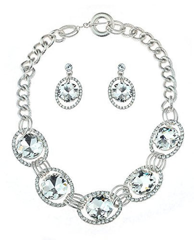 Encircled Round Cut Clear Stone Necklace and Earrings Jewelry Set in Silver-Tone