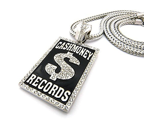 Iced Out Cash Money $ Records Pendant 36" Franco Chain Necklace in Black/Silver-Tone XP940R