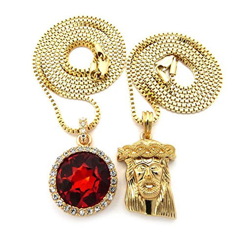 Micro Round Faux Ruby Stone & Solid Jesus 2mm 24" 30" Box Chain Necklace Set - Gold-Tone