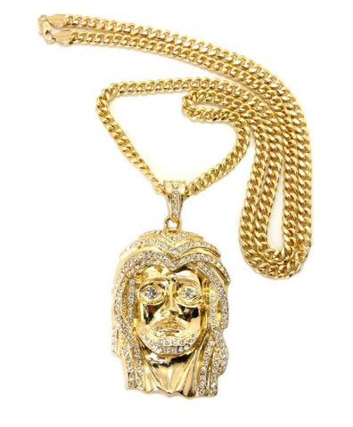 Iced Out Jesus Pendant in Gold Tone w/ 36" Miami Cuban Chain CP47G
