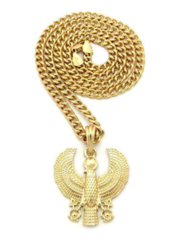 Polished Egyptian Horus Falcon Pendant w/ 5mm 24" Cuban Chain Necklace in Gold-Tone
