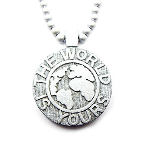 The World is Yours Globe Flat Wood Medal Pendant 8mm 36" Wooden Bead Chain Necklace in Silver-Tone