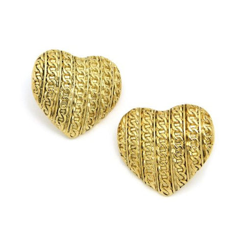 Carved Antique Chain Pattern Heart Earrings in Gold-Tone