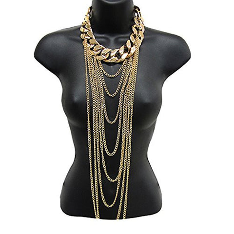 Layered Drop Strands Curb Chain Necklace Fashion Body Chain w/ 33mm 16" Main Chain - Gold-Tone