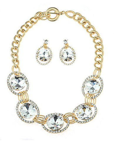 Encircled Round Cut Clear Stone Necklace and Earrings Jewelry Set in Gold-Tone