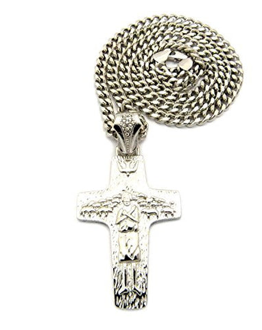 The Good Shephered Jesus Cross Pendant 5mm 24" Cuban Link Chain Necklace in Silver-Tone