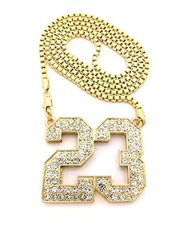Number 23 Iced Out Pendant w/ 36" Box Chain Necklace - Gold Tone XP906GBX