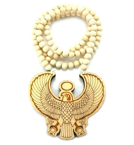 Wood Engraved Horus Bird Pendant 36" Wooden Bead Chain Necklace in Natural-Tone WJ118NL