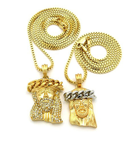 Iced Out & Plain Crown Jesus Micro Pendant 24" 30" Box Chain Necklace Set in Gold-Two-Tone RC551GT