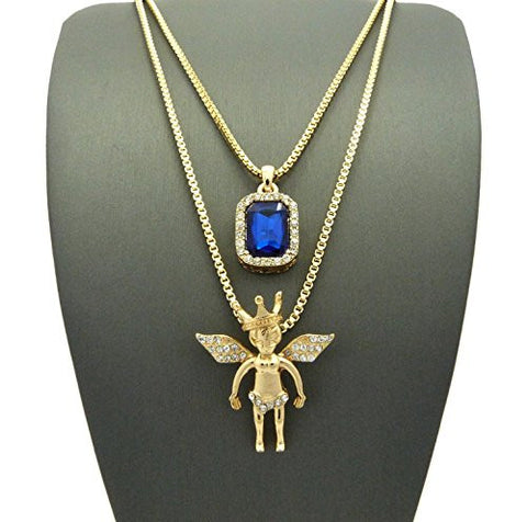 Pave Blue Stone & Crown Angel Pendant Set 2mm 24" & 30" Box Chain Necklace in Gold-Tone