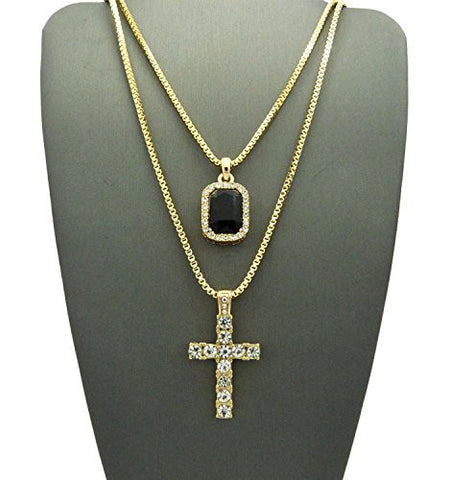 Iced Out Faux Onyx Stone & Single Row Cross Pendant Set 2mm 24" & 30" Box Chains in Gold-Tone