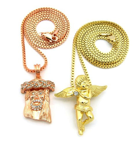 Pave Jesus & Cherub Angel Micro Pendants w/ Box Chains - Two Tone Gold RC288
