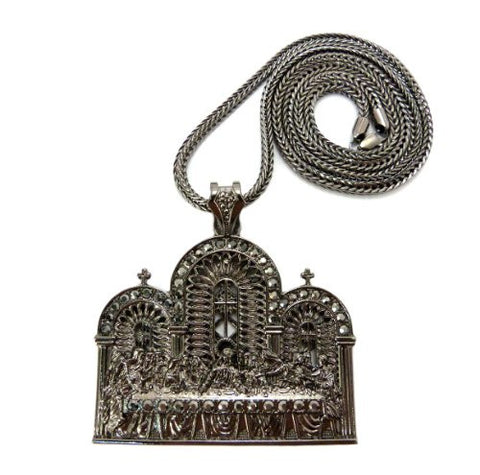 Jesus and 12 Apostle Last Supper Pendant with 4mm 36" Franco Chain - Hematite-Tone