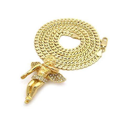 Pave Floating Angel Pendant 4mm 24" Concave Diamond Cut Cuban Chain Necklace in Gold-Tone