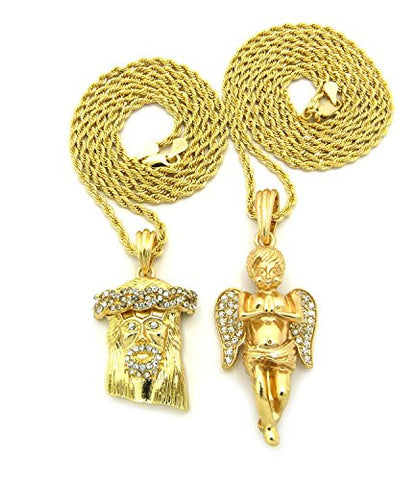 Iced Out Jesus & Praying Cherub Micro Pendant Necklace Set with 24" 30" Rope Chains - Gold-Tone