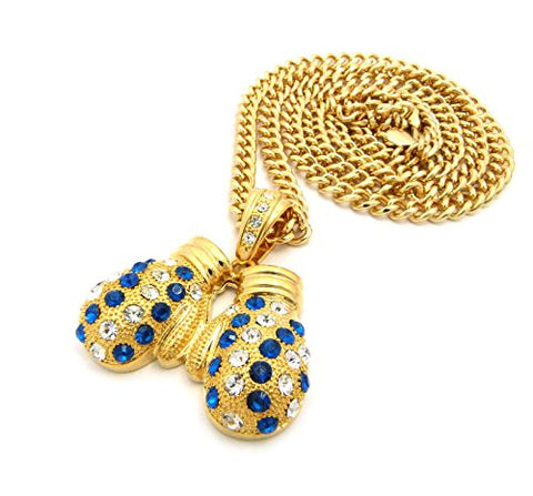 Rhinestone Studded Boxing Gloves Pendant 6mm 36" Cuban Link Chain Necklace - Blue/Yellow/Gold-Tone