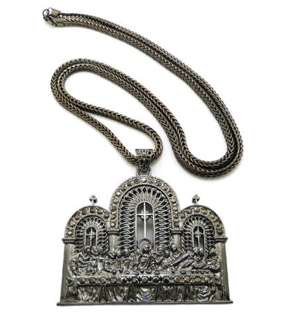 Hematite Tone The Last Supper Pendant Necklace w/ 4mm 36" Franco Chain RC87HE
