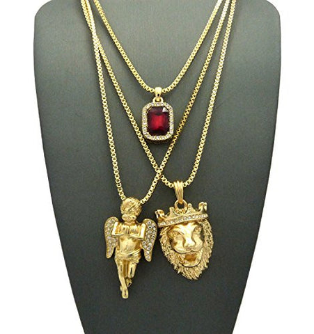 Faux Ruby Stone, Praying Angel & King Lion Pendant Set w/ Multi Length Box Chains in Gold-Tone