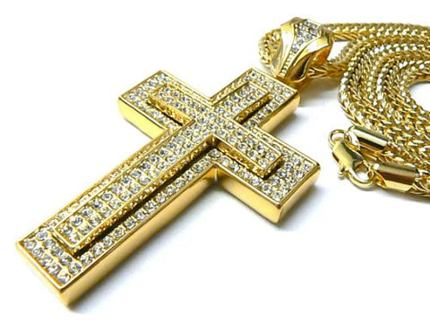 Simple Iced Out Gold Tone Cross Pendant w/ 4mm 36" Franco Chain