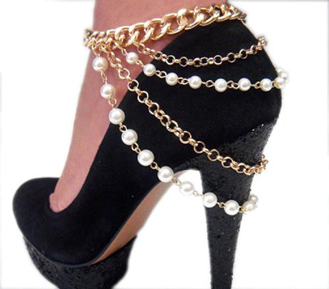 Glamorous Gold Tone Faux Pearl Multiple Links Adjustable Heel Chain IHN1002G