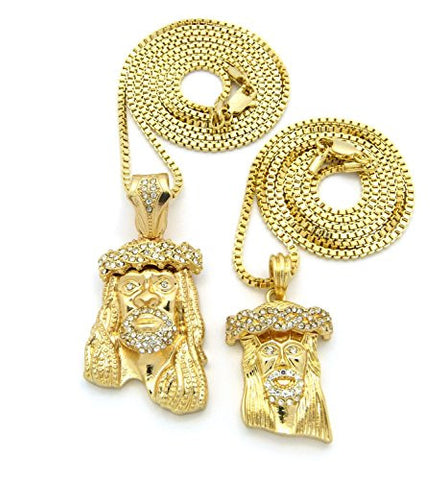 Paved Crown of Thorns Jesus Pendant Multi-Length Box Chain Necklace Set - Gold-Tone RC447G