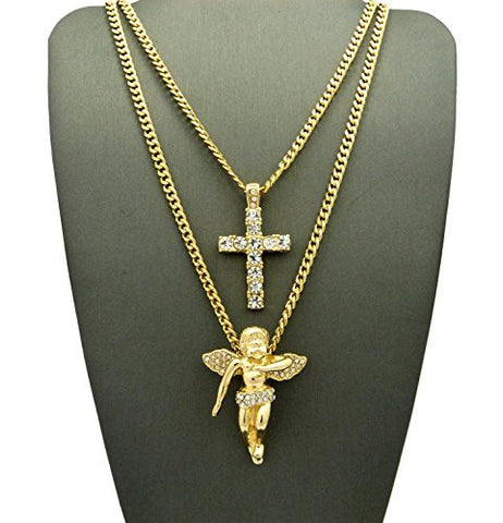 Stone Stud Single Row Cross & Floating Angel Pendant Set 3mm Concave Cuban Chain Necklace in Gold-Tone