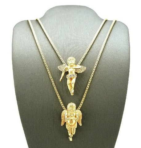 Praying & Flying Cherub Angel Pendant Set 2mm 24" 30" Box Chain Necklace RC127G