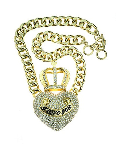 Gold-Tone Rhinestone Studded Hollow Heart with Crown 15mm 16" Link Chain Necklace