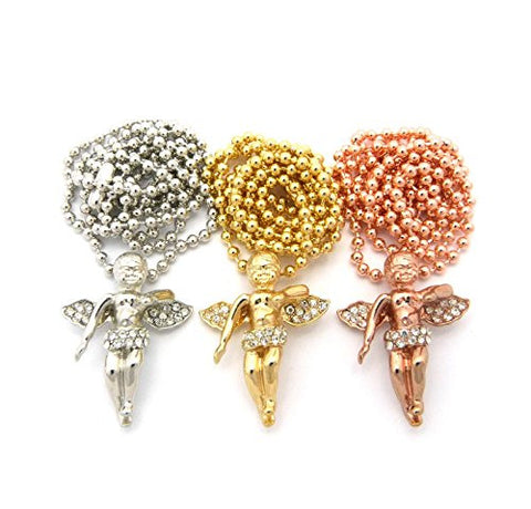 3 Pave Floating Angel Micro Pendant Necklace Set with 24" Ball Chains