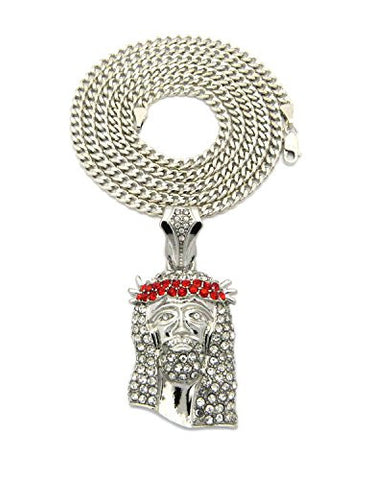 Red Stone Stud Jesus Face Pendant 3mm 30" Diamond Cut Cuban Chain Necklace in Silver-Tone