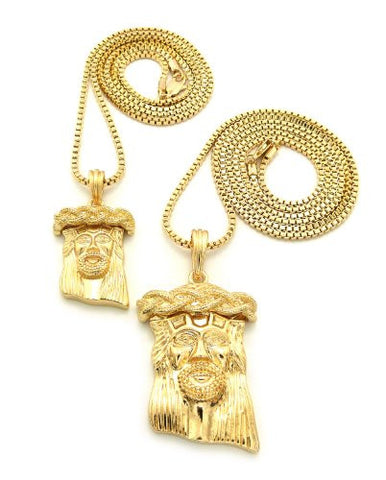 Gold Tone Multi Size Jesus Micro Pendant Set F w/ 24" 30" Box Chain