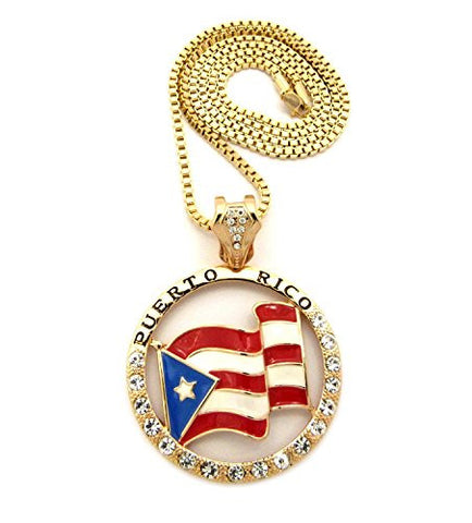 Puerto Rico Flag Hollow Round Stone Studded Pendant 3mm 30" Box Chain in Gold-Tone