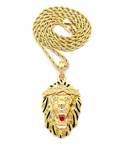 Yellow Stone Stud Roaring Lion Pendant 3mm 24" Rope Chain Necklace in Gold-Tone