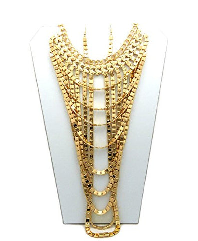 Women's Bohemian Style Multi Pattern Necklace and Dangling Earring Set in Gold-Tone