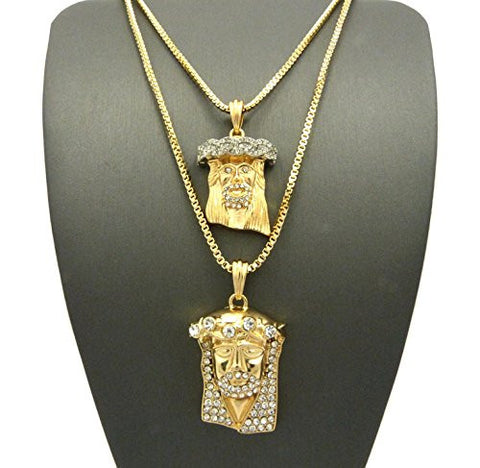 Rhinestone Crown Jesus & Two-Tone Pave Jesus Pendant Set w/ 24" 30" Box Chains in Gold-Tone