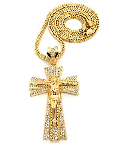 Paved Crucifix Jesus Pattee Cross Pendant with 4mm 36" Franco Chain Necklace in Gold-Tone