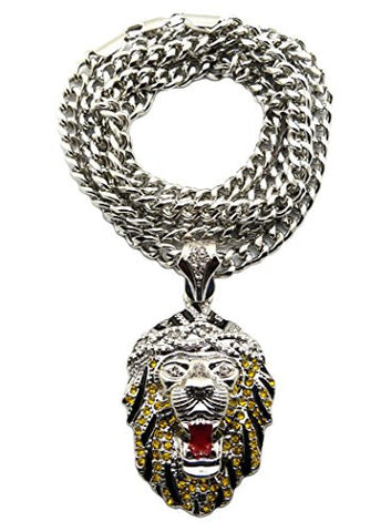 Rappers' Iced Out Lion Head Pendant with 6mm 36" Cuban Link Chain Necklace - Yellow/Silver-Tone