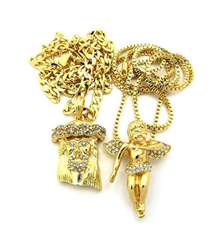Floating Angel & Jesus Paved Micro Pendant Necklace Set with 24" Cuban/Box Chains - Gold-Tone