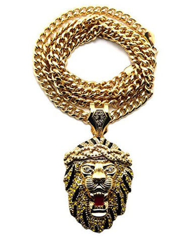 Rappers' Iced Out Lion Head Pendant with 6mm 36" Cuban Link Chain Necklace - Yellow/Gold-Tone