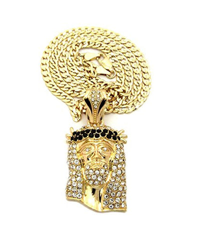 Black Stone Stud Jesus Face Pendant 2.5mm 24" Diamond Cut Cuban Chain Necklace in Gold-Tone