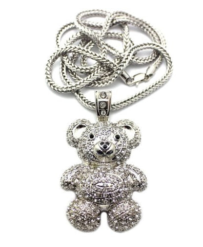 Iced Out Silver Tone Bear Doll Pendant w/ 4mm 36" Franco Chain MP358R