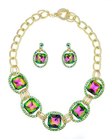 Encircled Radiant Cut Green Stone Necklace and Earrings Jewelry Set in Gold-Tone