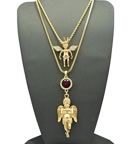 Polished Crown/Praying Angel & Faux Ruby Stone Pendant w/ 2mm Multi Chain Necklaces in Gold-Tone
