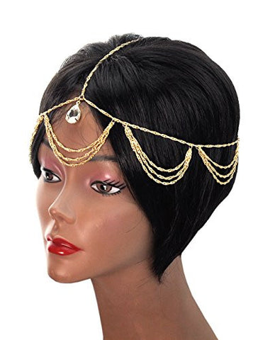 Dangling Single Teardrop Rhinestone Draping Chandelier Head Chain Jewelry in Gold-Tone