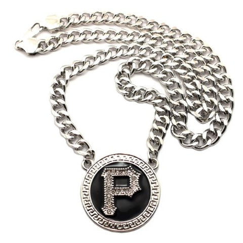 Initial Letter P Medal Pendant Pendant 10mm 30" Cuban Link Chain Necklace in Silver-Tone
